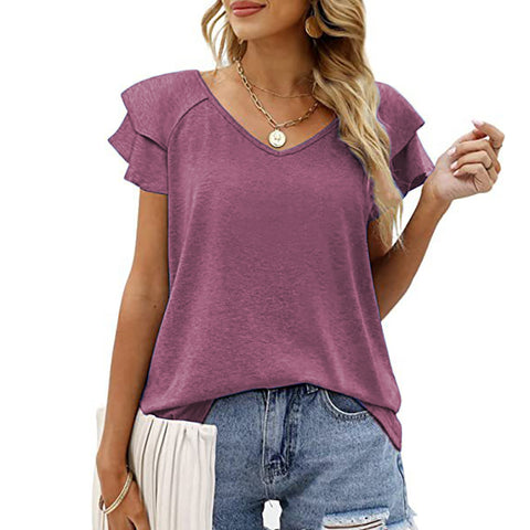 Solid V-neck double layered ruffle edge sleeve loose top with m300112