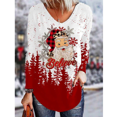 Loose 3D V-neck long-sleeved T-shirt women's Christmas printed bottoming shirt m302098