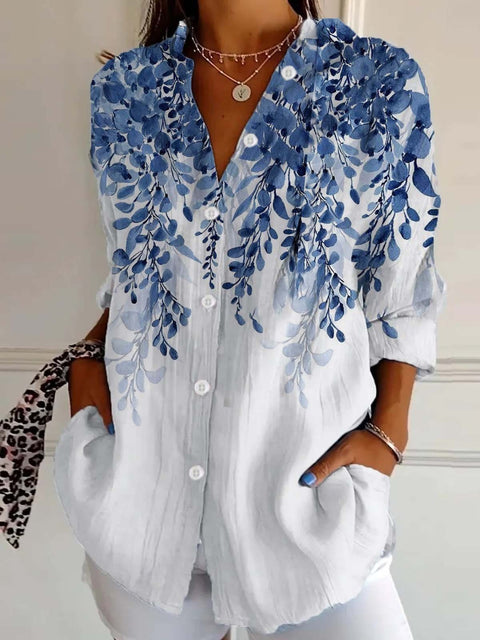 3D digital printing abstract pattern women's long-sleeved buckle linen shirt m302749-01