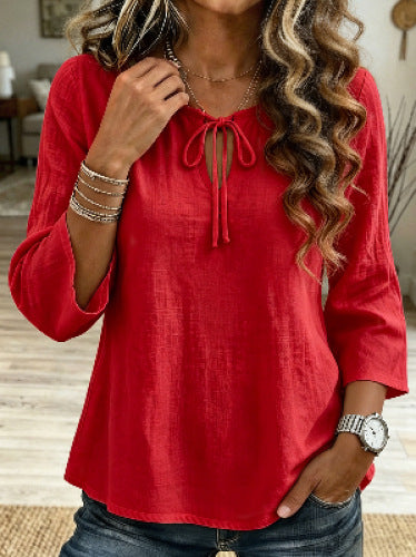 Haut ample femme en imitation chanvre à manches longues et col rond m303045