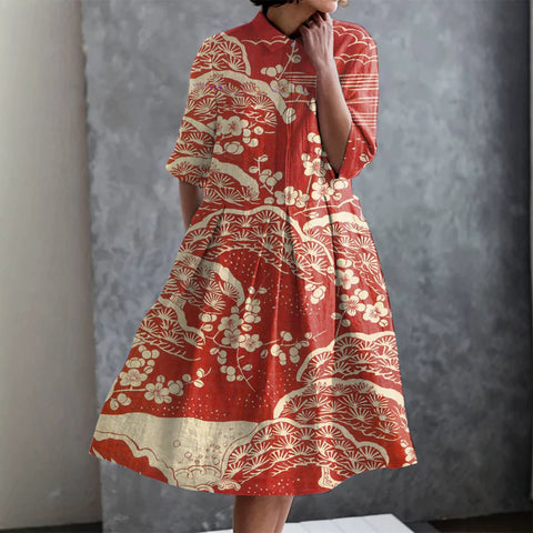 Robe chemise courte en chanvre élastique, motif floral japonais, style vacances, jupe pendule m303187