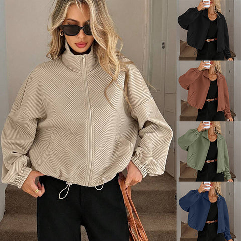 Turtleneck hem drawstring pocket ladies loose baseball jacket m302164