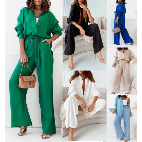New loose elastic wrinkle long-sleeved shirt wide-leg pants casual suit women's 2-piece set m301960
