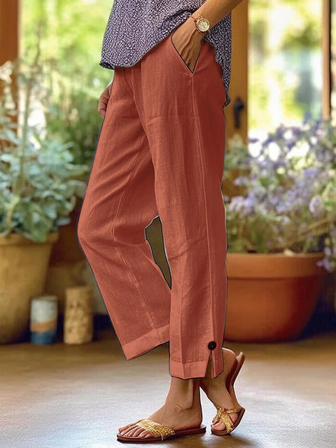 Women's cotton and linen loose solid color elastic waist pocket straight casual pants m301424
