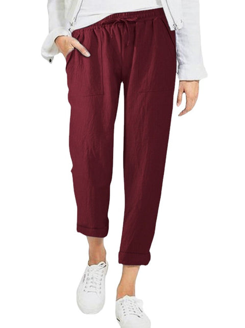 Drawstring high waist pocket loose large size cotton and linen casual pants women m301567