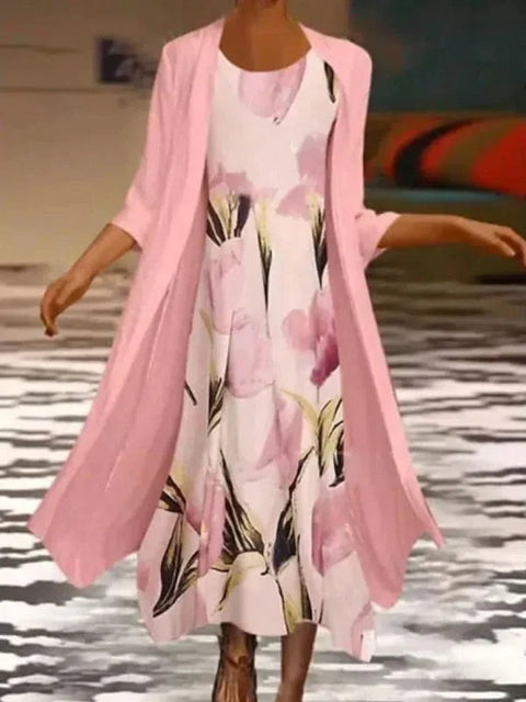 New women's long dress two-piece set flower and grass print crew neck dress m301251