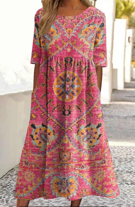 Up and down splicing pocket size printing big wide dress m301712