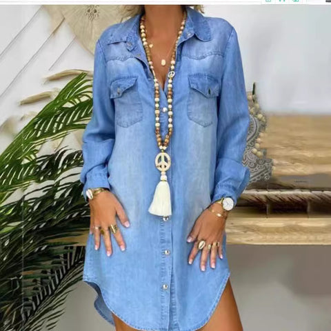 Long Sleeve Buckle Pocket Solid Color Denim Shirt Dress m300718