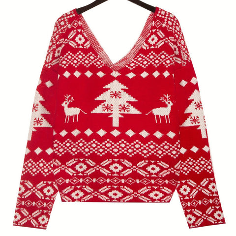 V-neck double-sided irregular blouse sweater backless off-the-shoulder Christmas snowflake pattern long-sleeved women's wool top m301954