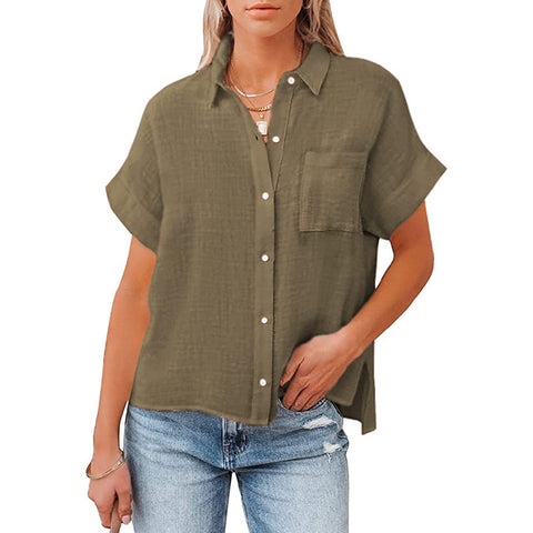 New cotton and linen short-sleeved casual side slit pocket shirt m300983