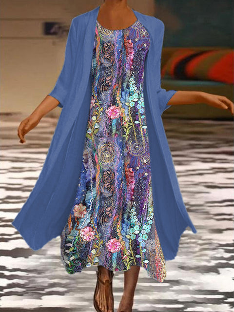 New women's long dress two-piece set flower and grass print crew neck dress m301251