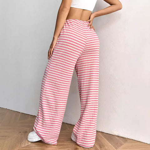 New casual striped solid color rubber band pull rope cotton straight pants m301650