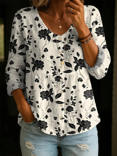 Crew Neck Women's Floral 3D Printed Henley Shirt m303180