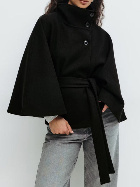 Stand-up collar waist thin lace-up solid color woolen coat women's m302333