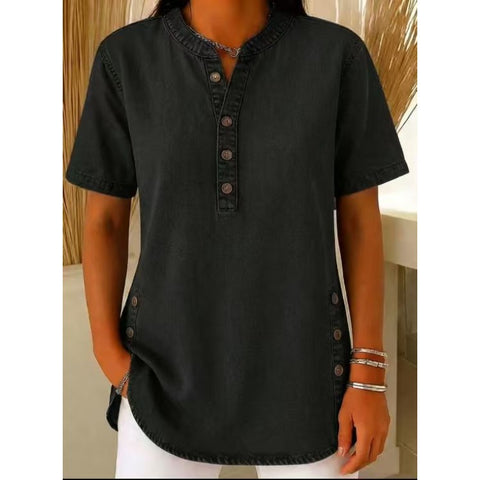 Crew Neck Button Daily Commuter Denim Casual Short Sleeve T-Shirt m303259