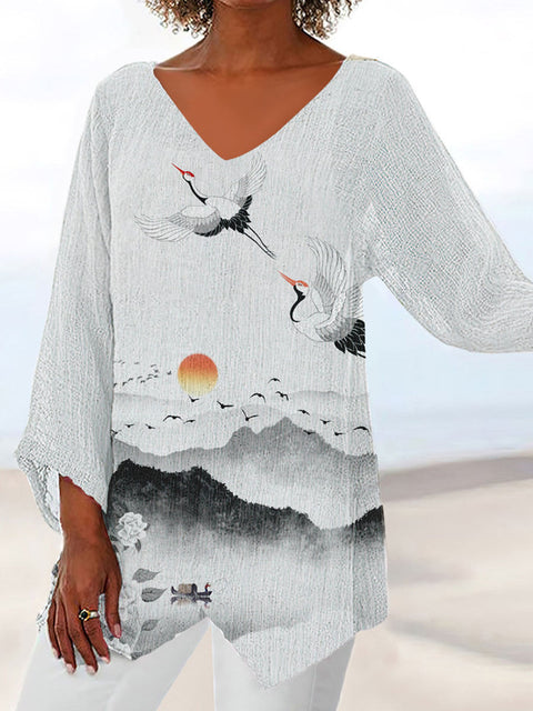 Women's printed animal natural scenery V-neck nine-quarter sleeve loose T-shirt m301289