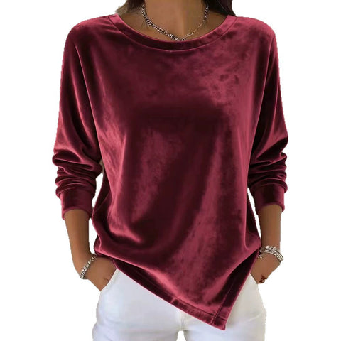 Casual Crew Neck Velvet Solid Color Long Sleeve Women's T-Shirt FF303114