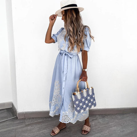 Summer new hollow short-sleeved waist pendulum dress m301880