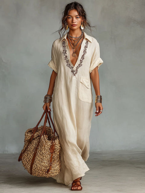 Loose ladies embroidery pocket casual lapel cotton and linen jumpsuit m302716