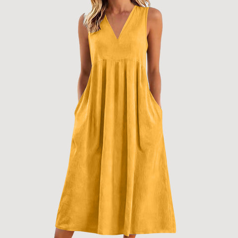 Solid color pullover V-neck sleeveless cotton loose dress m302773