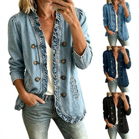 Washed denim jacket women's ruffle edge button-up denim jacket m303256