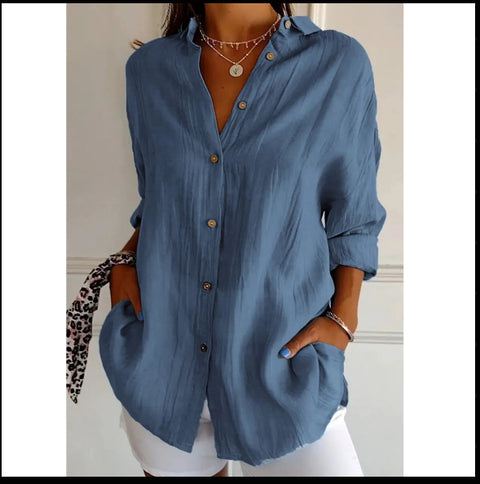 3D digital printing abstract pattern women's long-sleeved buckle linen shirt m301277