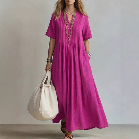 Ladies casual loose V-neck short-sleeved pleated cotton and linen dress m303244