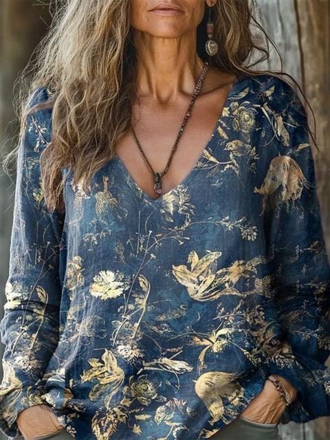 Casual V-neck long-sleeved pullover loose digital printing women's top T-shirt m301741