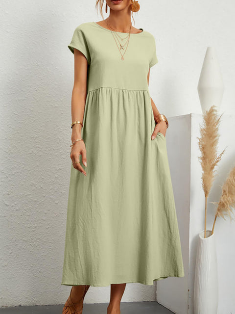 Sleeveless loose cotton and linen pocket dress m301061