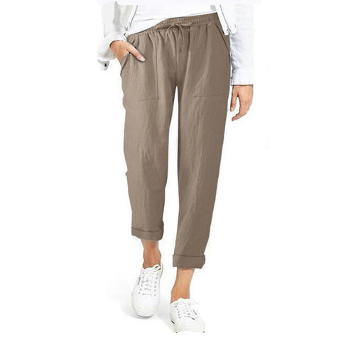 Drawstring high waist pocket loose large size cotton and linen casual pants women m301567