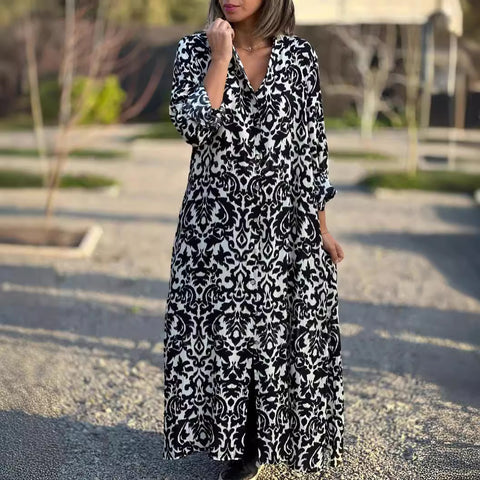Elegant square neck long sleeve printed shirt skirt dress m302321