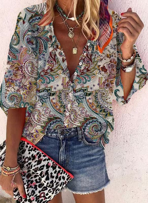 Fashion summer European and American women's clothing stand-up collar loose button retro printed casual shirt m301723
