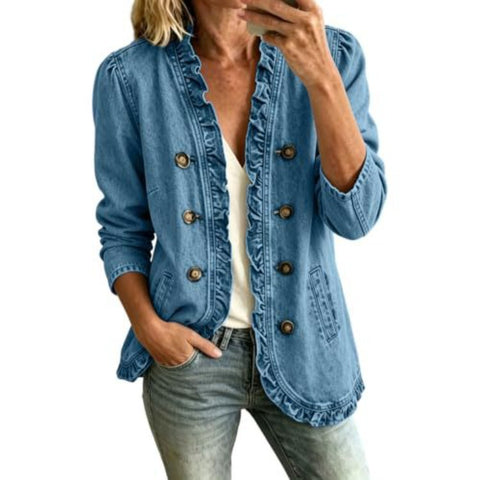 Washed denim jacket women's ruffle edge button-up denim jacket m303256