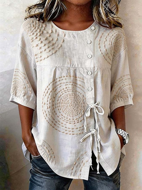Temperament women's long-sleeved shirt printed top lace-up shirt m302925