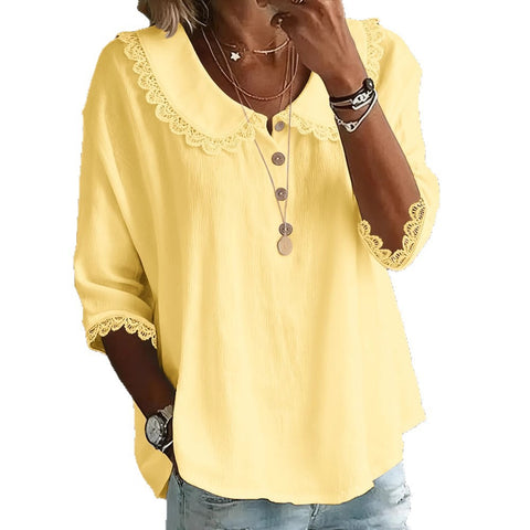 Women's casual loose fashion lapel lace solid color button-down shirt m302339