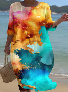 Loose crew neck fashion high-end long-sleeved printed dress m301053