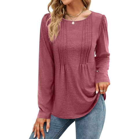 Stripe solid color round neck long-sleeved t-shirt m300549