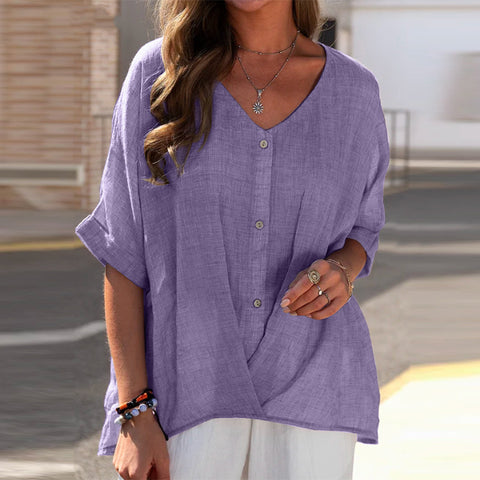 Cotton and linen V-neck pullover short-sleeved loose-fitting women's shirt casual top m301320