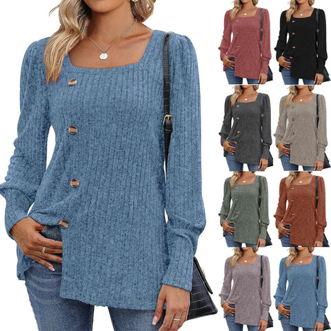 Autumn and winter new buckle square neck long-sleeved solid color women's t-shirt m300546