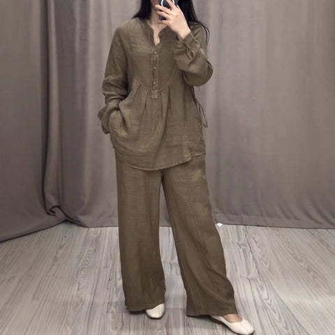 New fashionable and comfortable cotton and linen long-sleeved semi-open placket casual pleated wide-leg pants set m301930