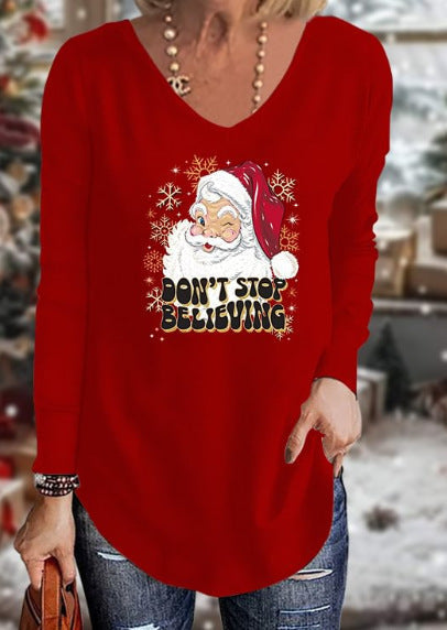 Loose 3D V-neck long-sleeved T-shirt women's Christmas printed bottoming shirt m302098
