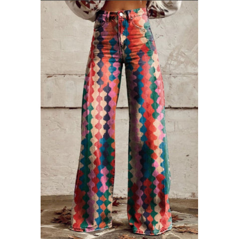 3D heat transfer flared pants simulation denim trousers loose pants m301550