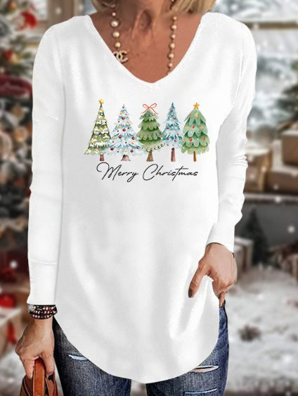 Loose 3D V-neck long-sleeved T-shirt women's Christmas printed bottoming shirt m302098
