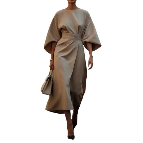 Fashion temperament elegant solid color waist dress casual bat sleeve long dress m301326