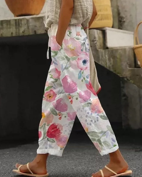 Women's pocket casual printing elastic waist trousers straight-leg trousers m301372