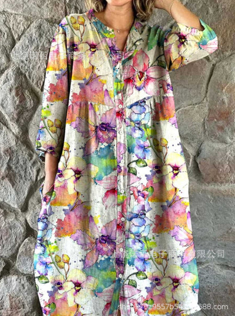 Women's Loose Crew Neck Fashion Premium Long Sleeve Printed Shirt Dress m301050
