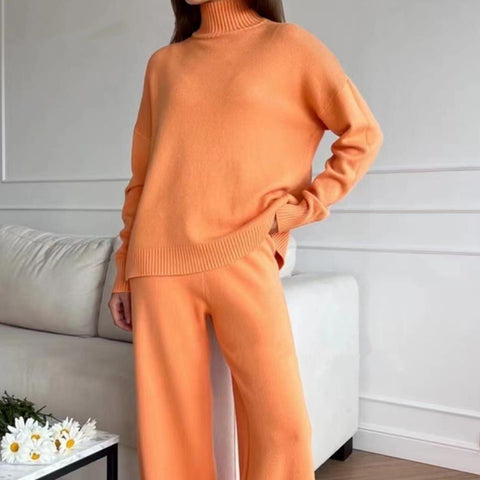 High-necked knitted suit women's autumn and winter lazy wind hair wide-leg pants two-piece set m301785