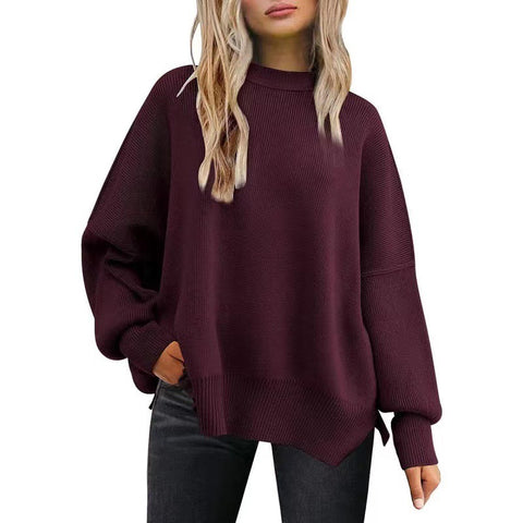 Crew neck bat wing long-sleeved sweater autumn knitted side slit jumper m301590