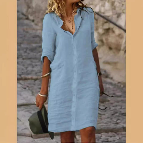 Loose Lapels Button Half Sleeve Solid Color Cotton and Linen Shirt Dress M300155