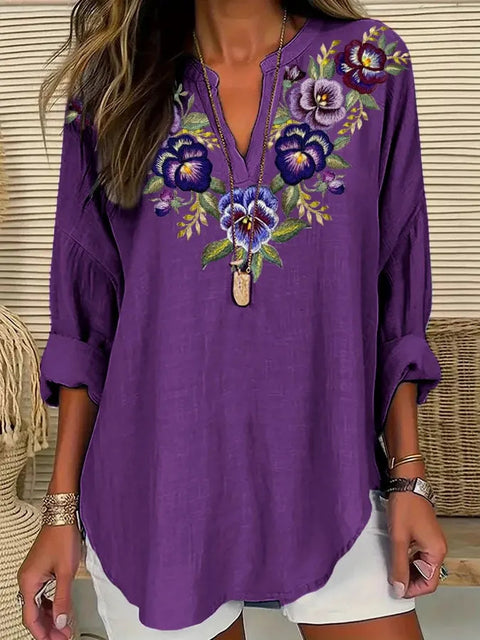 Small V-neck long-sleeved floral simple casual temperament T-shirt m302763